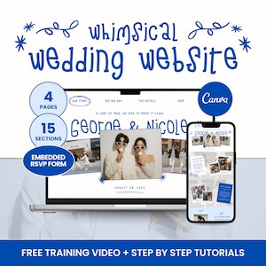 May include: A laptop and smartphone showcase a wedding website design. The site includes a photo of a couple, the names "George & Nicole," and the date "August 28, 20XX." The design features the text "whimsical wedding website" and "Canva."