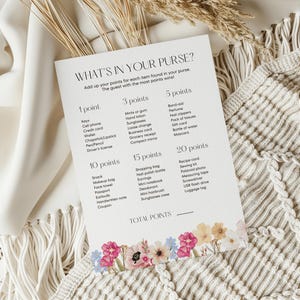 Wat zit er in je portemonnee spelsjabloon Afdrukbare portemonnee zoeken vrijgezellenfeest kaart bewerkbare bloemen vrijgezellenfeest spel Boho vrijgezellenfeest activiteit