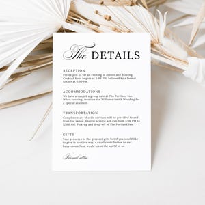 Simple and elegant wedding details card template placed on a white surface beside dried palm leaves. The card outlines reception time, accommodations, shuttle transport info, and a honeymoon fund note, styled in modern serif fonts with a “Formal attire” note at the bottom.