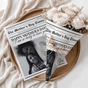 Muttertags-Zeitungsblumenstrauß-Verpackung, bearbeitbare Muttertagskarte, druckbares Geschenk für Mutter, kundenspezifischer Zeitungsflieger, DIY Vintage Geschenk für sie