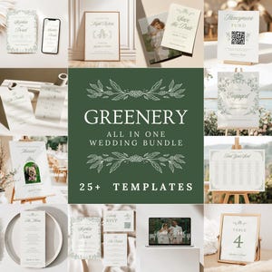 Thumbnail image with a deep green center panel reading “Greenery All In One Wedding Bundle – 25+ Templates” accented with botanical dividers. The surrounding collage showcases soft green and neutral-toned wedding templates including save the date, rehearsal sign, pet welcome sign, table numbers, and seating chart — all part of the cohesive Canva wedding kit.