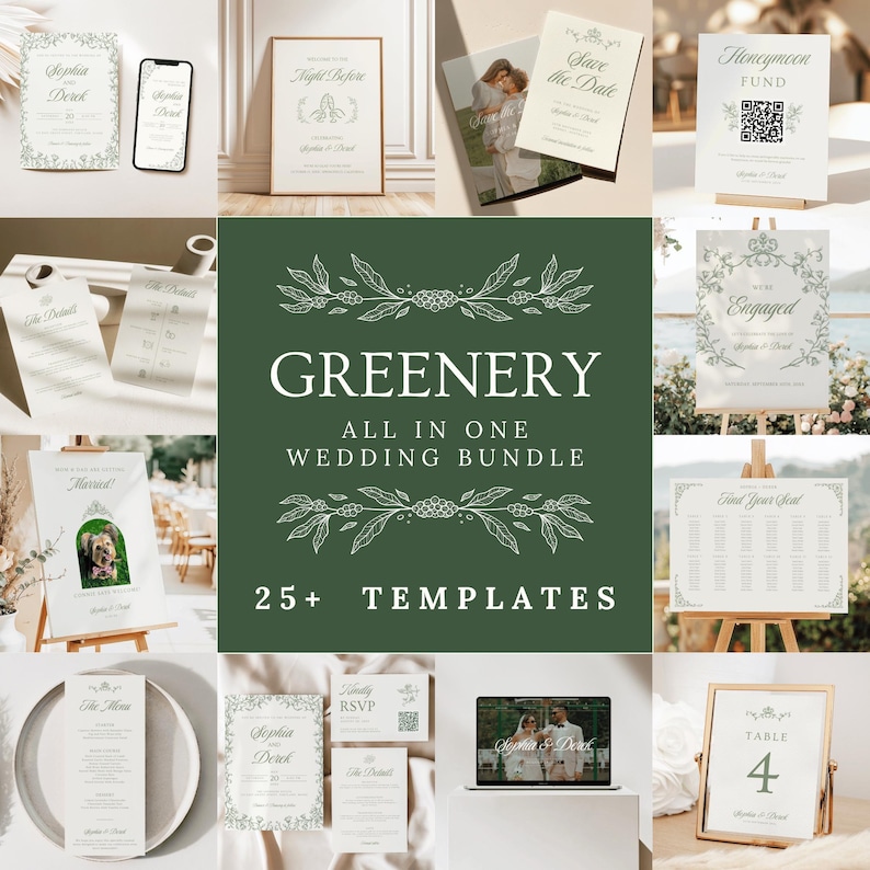 Thumbnail image with a deep green center panel reading “Greenery All In One Wedding Bundle – 25+ Templates” accented with botanical dividers. The surrounding collage showcases soft green and neutral-toned wedding templates including save the date, rehearsal sign, pet welcome sign, table numbers, and seating chart — all part of the cohesive Canva wedding kit.
