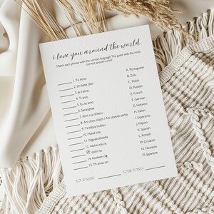 Modello di gioco minimalista "Ti amo in giro per il mondo", scheda di attività per la festa nuziale, gioco linguistico modificabile, festa di addio al nubilato