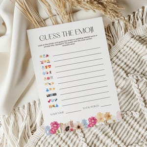 Può includere: Un gioco di nozze stampabile con un bordo floreale. Il gioco si chiama "Indovina l'emoji" e chiede ai giocatori di indovinare la parola o la frase legata al matrimonio rappresentata da ogni emoji.