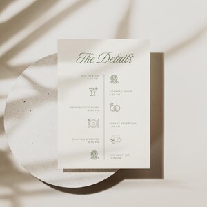 Wedding itinerary card shown on a stone-textured round plate with soft shadows, featuring minimalist icons and a full schedule from bus pick-up to reception and drop-off, in elegant sage green.