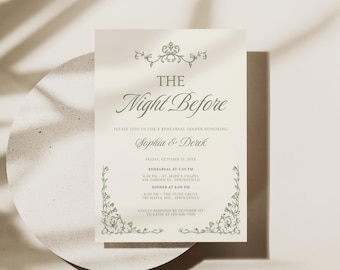 Convite para Jantar de Ensaio com Tema Boho e Folhagem Verde, Editável, Convite para Jantar de Ensaio em Verde Sálvia com Letra Cursiva, GWB01
