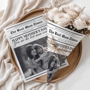 Modello di giornale modificabile per la festa della mamma, confezione per bouquet di fiori, regalo personalizzato per la mamma, biglietto d'auguri stampabile per la festa della mamma, giornale personalizzato