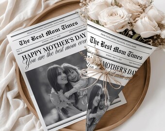 Editable Newspaper Mothers Day Template, Flower Bouquet Wrapper, Personalized Gift for Mom, Printable Moms Day Card, Custom Newspaper