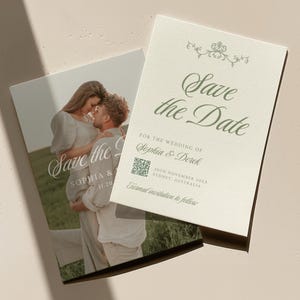 May include: Two wedding announcement cards. One card features a photo of a couple embracing, with the text "Save the Date." The other card has the text "Save the Date" and wedding details in green, including names, date, and location.