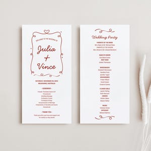 Skurrile Retro-Hochzeitsprogramm-Vorlage, Verspielte Hochzeits-Timeline-Karte, bearbeitbare Hochzeitsdetails, Rote Hochzeitskarte, RWHIM