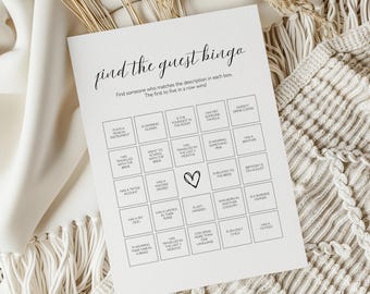 Vind de gastbingospelsjabloon Minimalistisch afdrukbaar leuk sociaal spel Kennismakingsspel Bewerkbare ijsbreker voor vrijgezellenfeest