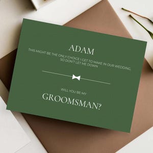 Voorstelkaartje bruidsjonker Voorstelkaart getuige Bruidsjonkers uitnodigingskaart Will You Be My Groomsman Afdrukbare grappige Groomsmen Invite-sjabloon
