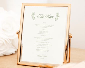 Greenery Bar Menu Template, Boho Leaves Wedding Cocktail Bar Sign, Printable Wedding Drink Menu, Vintage Bar Signage, Canva Template, GWB01