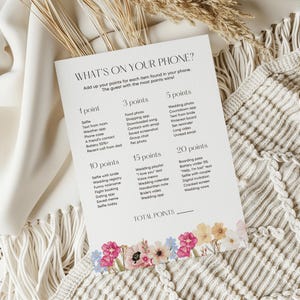 Inhoud van je telefoon Spelsjabloon Afdrukbaar telefoonnummer zoeken Spel vrijgezellenfeest Bewerkbare bloemen Boho Activiteitenkaart vrijgezellenfeest