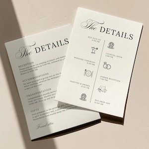 Puede incluir: Dos tarjetas de detalles de boda marfil con texto negro. Las tarjetas enumeran el programa del evento, incluyendo la ceremonia, la recepción y los detalles del transporte. Las tarjetas tienen un diseño sencillo y elegante.