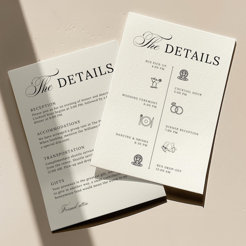 Close-up of two textured printable wedding information cards in sunlight. The left card provides written event details including timing and gift preferences, while the right card displays a vertical timeline with minimalist icons representing the full wedding day schedule.