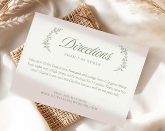 Plantilla de tarjeta de instrucciones en verde salvia, nota adjunta imprimible con ubicación botánica, tarjeta de inserción para boda con vegetación, tarjeta con detalles de escritura, GWB01