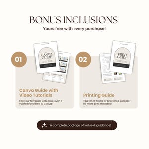 Graphic showcasing bonus inclusions with every purchase: a Canva editing guide with video tutorials, a professional printing guide.