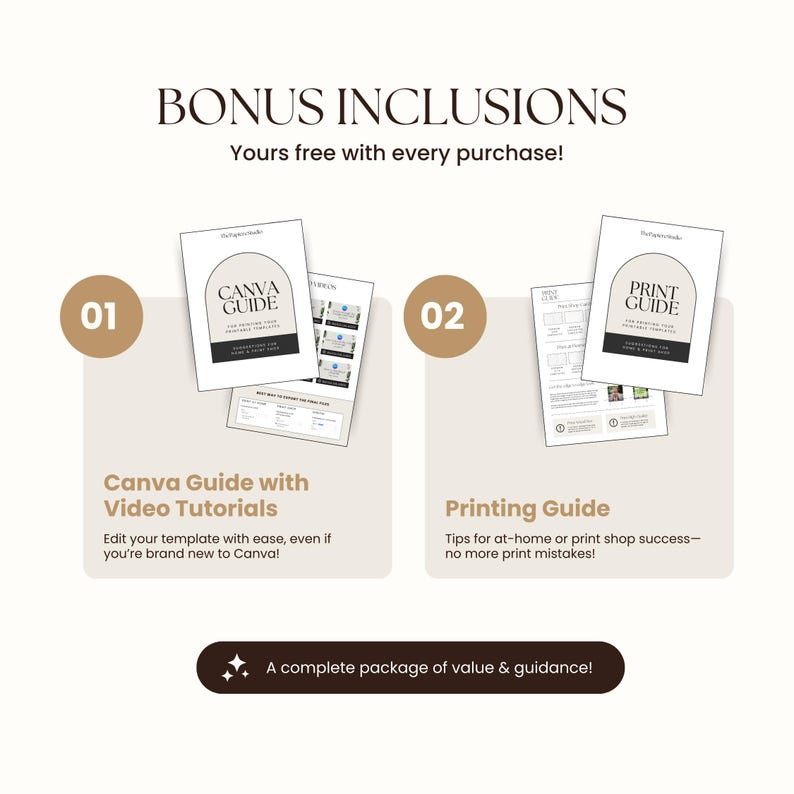Graphic showcasing bonus inclusions with every purchase: a Canva editing guide with video tutorials, a professional printing guide.