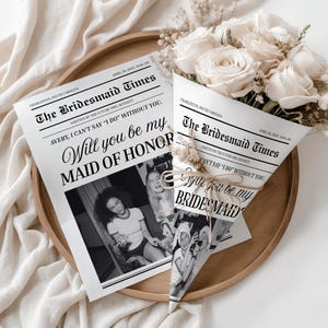 Modelo de cartão de proposta de casamento em formato de jornal, buquê "Quer ser minha dama de honra?", buquê de flores para proposta de casamento em formato de jornal editável