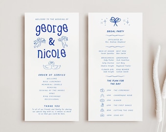 Whimsical Wedding Program Template, Playful Wedding Timeline Card, Editable Wedding Details, Blue Wedding Itinerary Canva, BWHIM