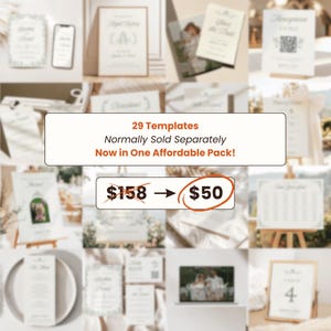 Promotional graphic announcing the full set of 29 wedding templates offered at a discounted bundle price. Emphasizes the value of purchasing the complete package for $50 instead of $158.