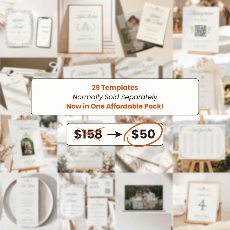 Promotional graphic announcing the full set of 29 wedding templates offered at a discounted bundle price. Emphasizes the value of purchasing the complete package for $50 instead of $158.