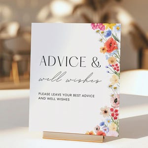 Conseils de fleurs sauvages et modèle de plaque de voeux pour la douche nuptiale Conseils pour le couple Panneau de conseils pour jeunes mariés imprimable Panneau de mariage bohème