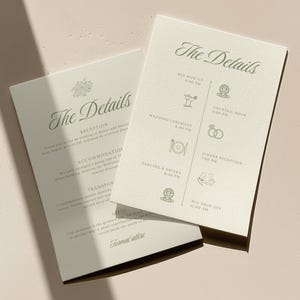Set of two minimalist wedding details cards displayed on a beige surface, featuring elegant sage green typography with floral graphics and a full wedding itinerary with icons for each event.