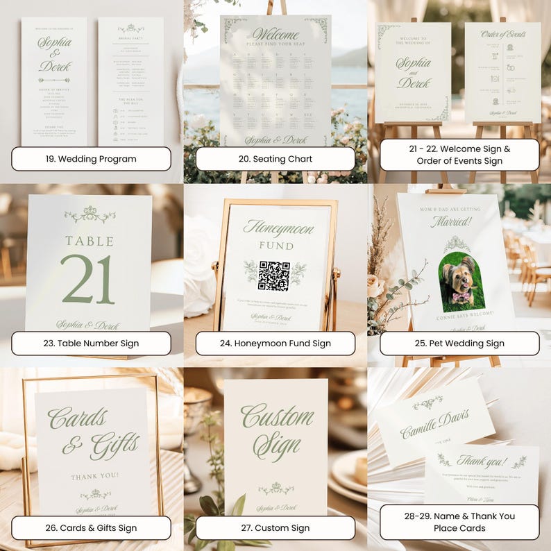 Image displaying 11 wedding templates including seating chart, wedding program, welcome sign, order of events sign, honeymoon fund QR sign, table number, pet welcome sign, and thank-you place cards — all in an elegant greenery theme with soft neutral tones.