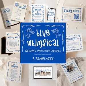 May include: A collection of blue and white wedding stationery templates. The designs include invitations, RSVP cards, and detail cards. The text "Blue Whimsical Wedding Invitation Bundle" is displayed prominently. The bundle includes 7 templates.