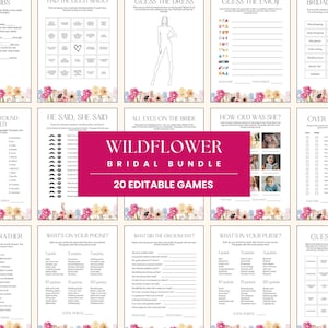 Wildflower Bridal Shower Games Bundle 20 Printable Bachelorette Game Pack Editable Floral Wedding Shower Activity Cards Fun Shower Games