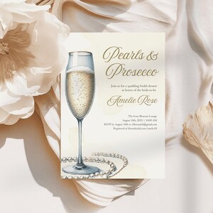 Pearls and Prosecco Bridal Shower Invitation Template Prosecco Glasses Digital Invite Pearl Necklace Wedding Shower Editable Canva Template