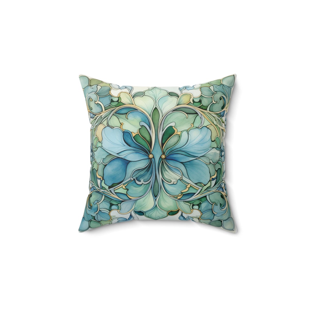 Blue Art Nouveau Throw Pillow Watercolor Design Pillow Spring Decor