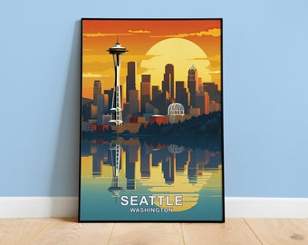 Seattle Washington Art Print, Seattle Washington Illustration, Seattle Washington poster, Travel Posters, Travel Gifts.