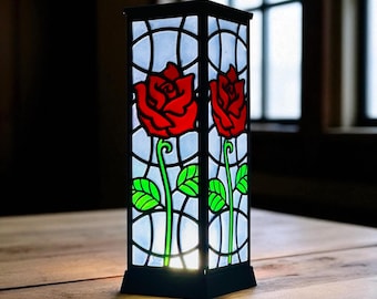 Decorative Light, Stained Glass Rose Lantern – Romantic Floral Night Light, Red Rose Table Lamp for Bedroom Decor, Unique Gift for Her