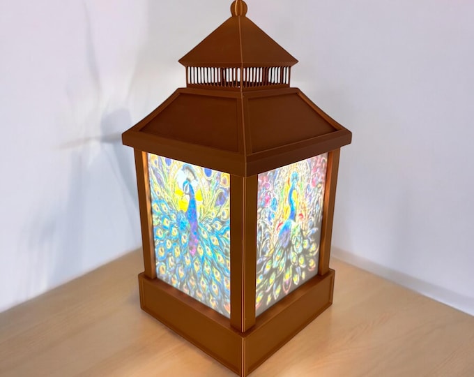 Featured listing image: Peacock Glow Lantern – Limited Edition Lithophane Light – Stained Glass Style Art for Desk or Shelf