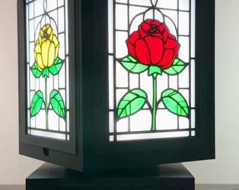 Stained Glass Rose Light Box – Floral Radiance Quartet, Glowing Night Light for Home Decor or Gift