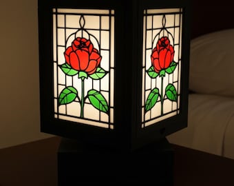 Anniversary Gift for Her – Romantic Rose Night Light – Rotating Stained Glass Lamp