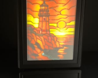 Lighthouse Art Light – AuraFrame 360 Rotating Stained Glass Style Lithophane Lamp