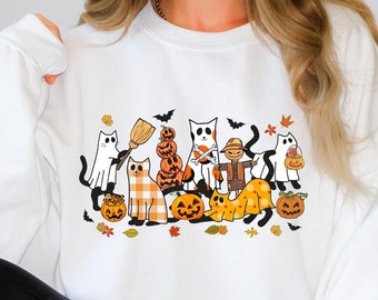 Halloween Sweatshirt, Katzenpullover, Geist-Shirt, Halloween-Pullover, Halloween-Katzen-Shirt, Katzenliebhaber Tshirt, schwarze Katzen-Shirt, gruselige Saison