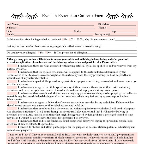 Eyelash extension consent form | lash consent form | digital eyelash consent form | digital download | lash extensions | eyelash extensions