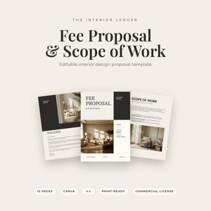Könnte beinhalten: Eine bearbeitbare Vorlage für Innenarchitektur-Angebote mit dem Titel The Interior Ledger Fee Proposal & Scope of Work. Das Set enthält drei Seiten mit schwarz-weißem Text, minimalistischem Layout und Fotos von Wohnzimmerinterieurs.