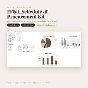 Puede incluir: El kit de programación y adquisición FF&E The Interior Ledger para Google Sheets y Microsoft Excel incluye un panel de costos de proyecto con un gráfico circular de costos por categoría y gráficos de barras de presupuesto y por habitación.