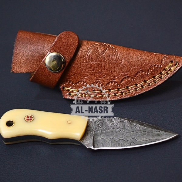 Mini Skinning Knife: Handmade Damascus Mini Skinner Fixed Blade Knife for Hunting, Camping, Outdoor EDC, Anniversary, Birthday Gift for Him