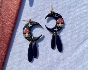 Handmade Mystical Mushroom Moon Polymer Clay Dangle Earrings