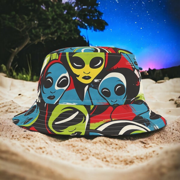 Rave Party Bucket Hat - Beach Rave Hat - Festival Bucket Hat - UFO Rave Outfit Extraterrestrial Bucket Hat