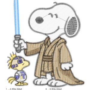 Puede incluir: Un bordado de Snoopy con una t&uacute;nica Jedi, sosteniendo un sable de luz azul, con Woodstock a su lado. El dise&ntilde;o est&aacute; cosido en varios colores, incluyendo marr&oacute;n, blanco y negro. La imagen mide 81,8 mm de ancho y 98,7 mm de alto.