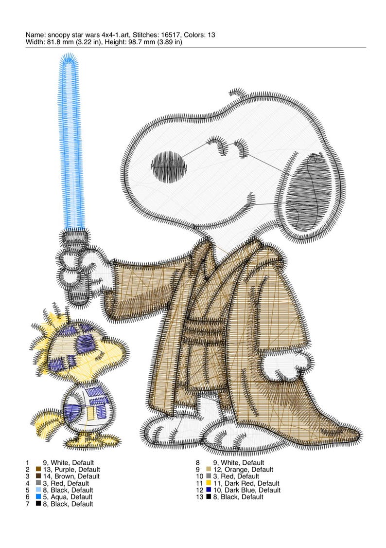 Puede incluir: Un bordado de Snoopy con una t&uacute;nica Jedi, sosteniendo un sable de luz azul, con Woodstock a su lado. El dise&ntilde;o est&aacute; cosido en varios colores, incluyendo marr&oacute;n, blanco y negro. La imagen mide 81,8 mm de ancho y 98,7 mm de alto.