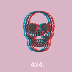 Puede incluir: Un diseño de calavera en 3D en rojo, azul y negro. La calavera está delineada en negro y tiene una cruz en la frente. El diseño está sobre un fondo rosa y tiene el texto "4x4." debajo.